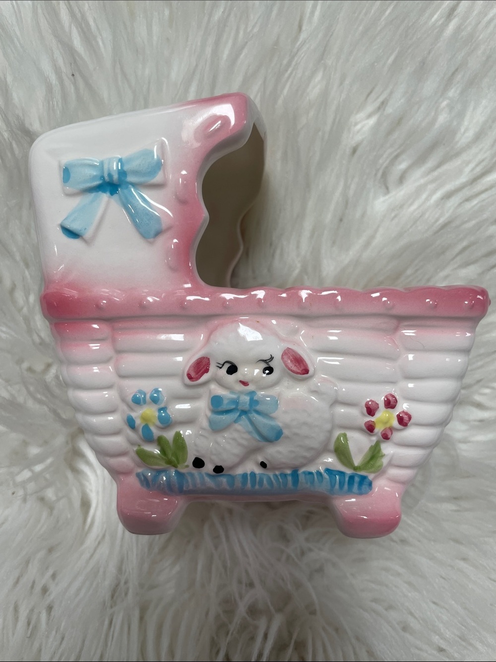 Vintage Rubens Originals Ceramic Baby Cradle Planter and Music box